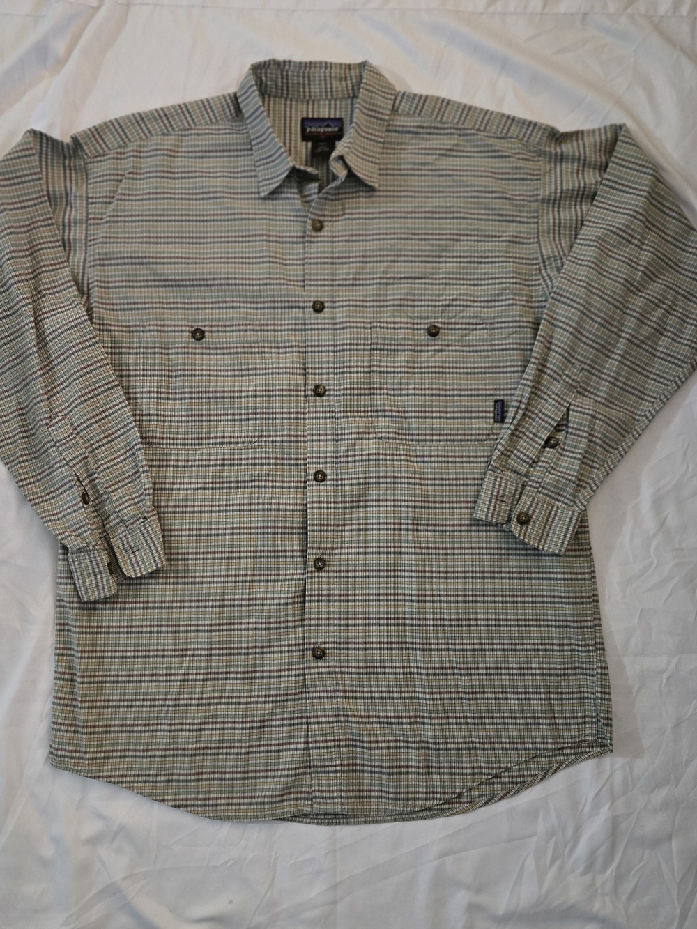 Patagonia Light Green and Brown Micro-Plaid Button-Down Shirt